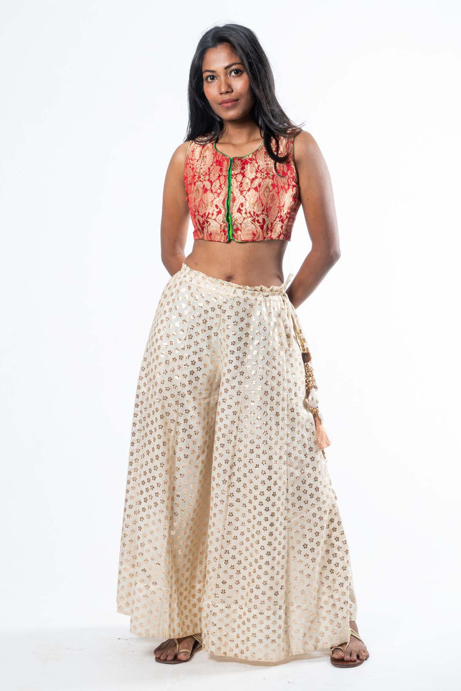 White Pure Silk Palazzo Pants and red silk blouse set - PALA – Upasana  Auroville